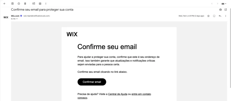 E-mail de confirmação da Wix