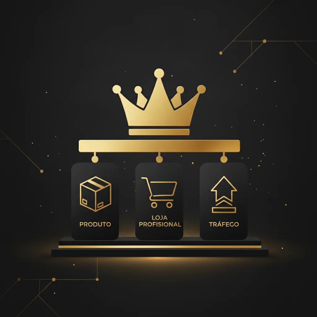 um infográfico simples mostrando três pilares: 'Produto', 'Loja Profissional' e 'Tráfego', sustentando o sucesso de um e-commerce.